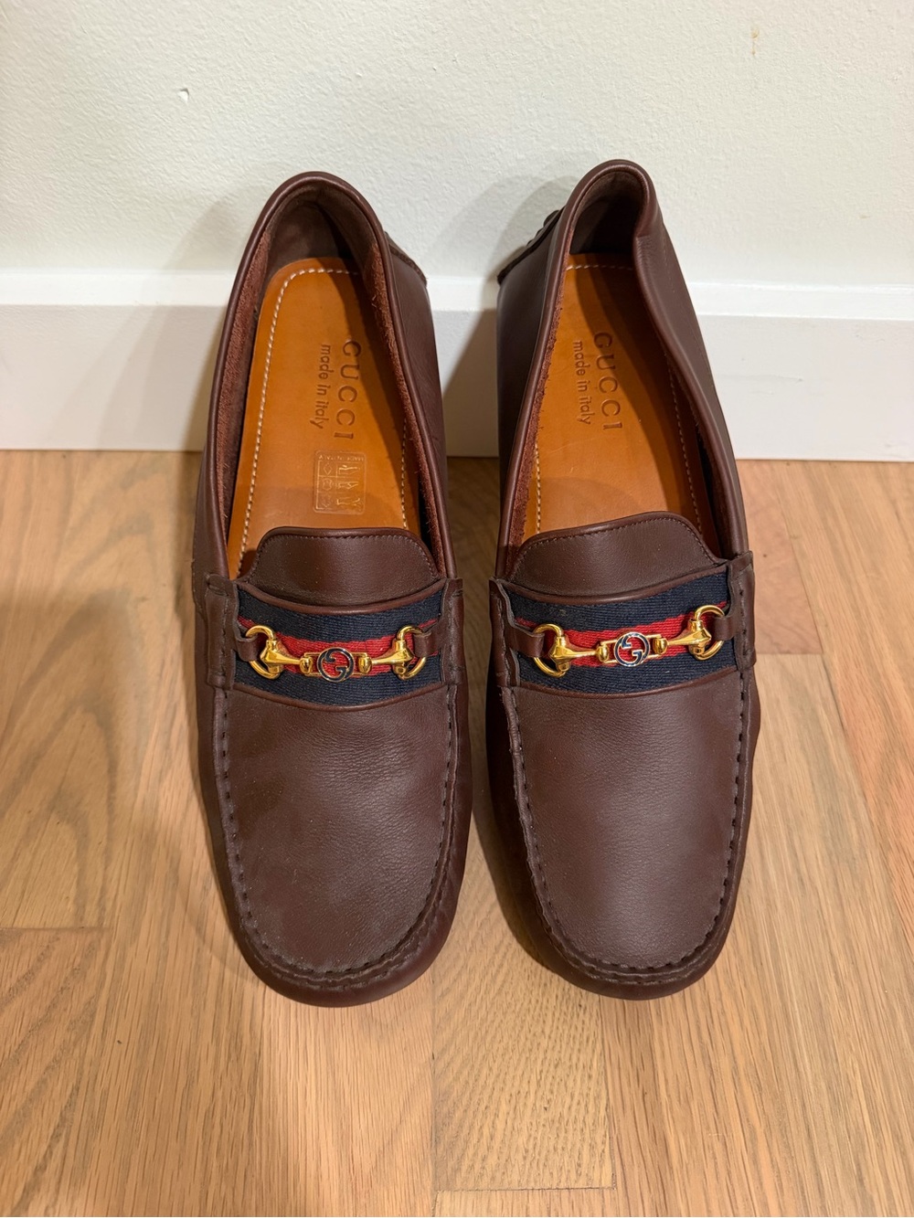 Gucci Brown Leather Loafers with Red & Blue Web and Gold Horsebit